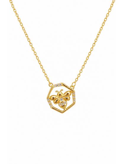 Gold Plated Sterling Silver Bee Hexagon Necklace 1