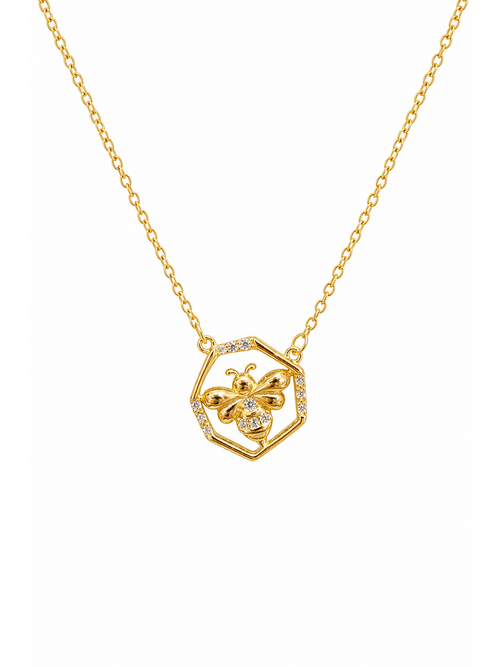 Gold Plated Sterling Silver Bee Hexagon Necklace