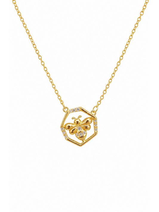 Gold Plated Sterling Silver Bee Hexagon Necklace 1