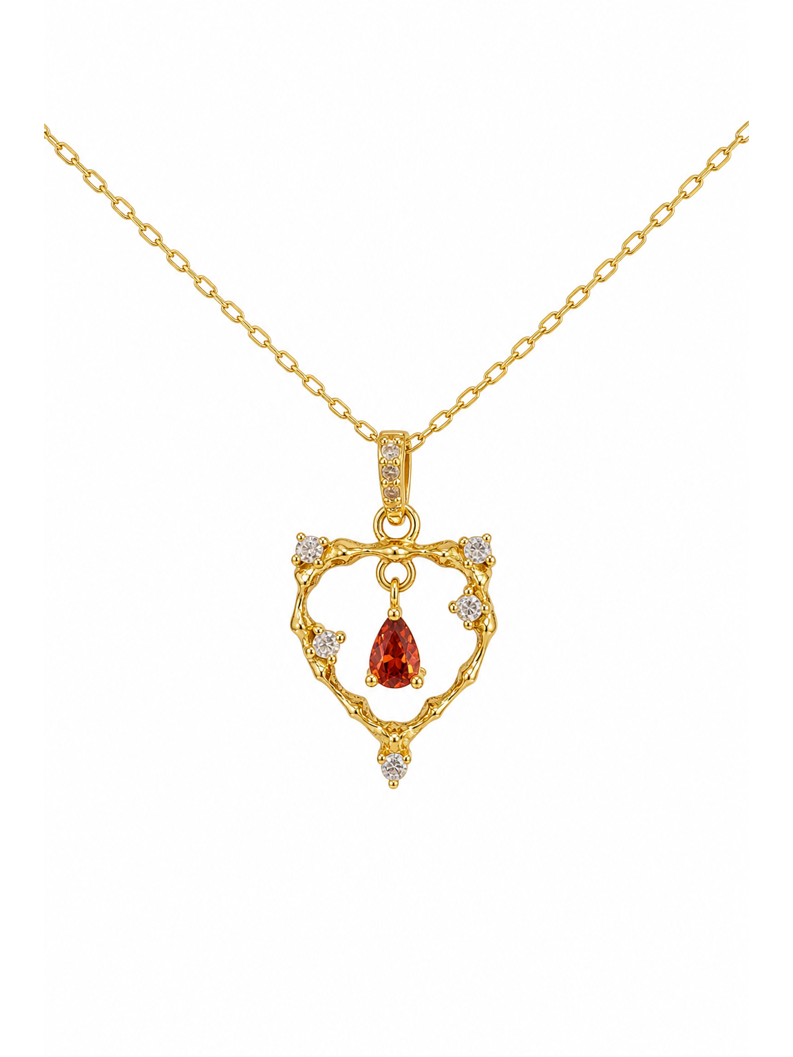 Gold Plated Sterling Silver Open Heart Necklace with Red Zircon 1