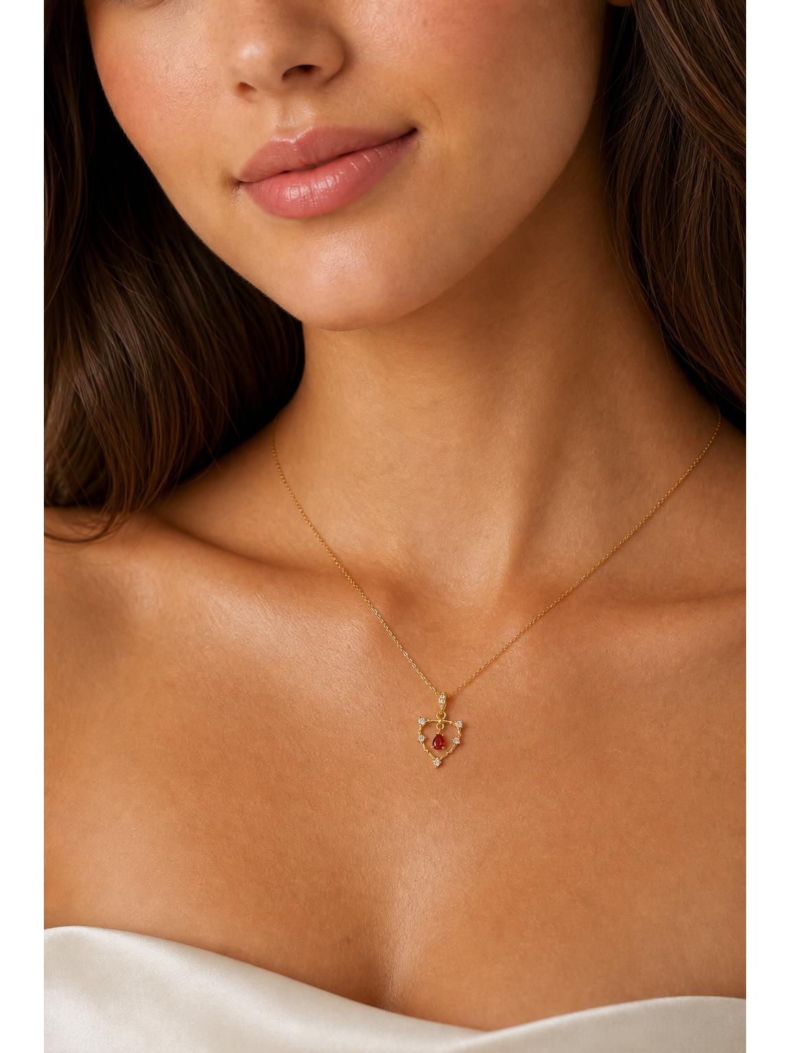 Gold Plated Sterling Silver Open Heart Necklace with Red Zircon 2