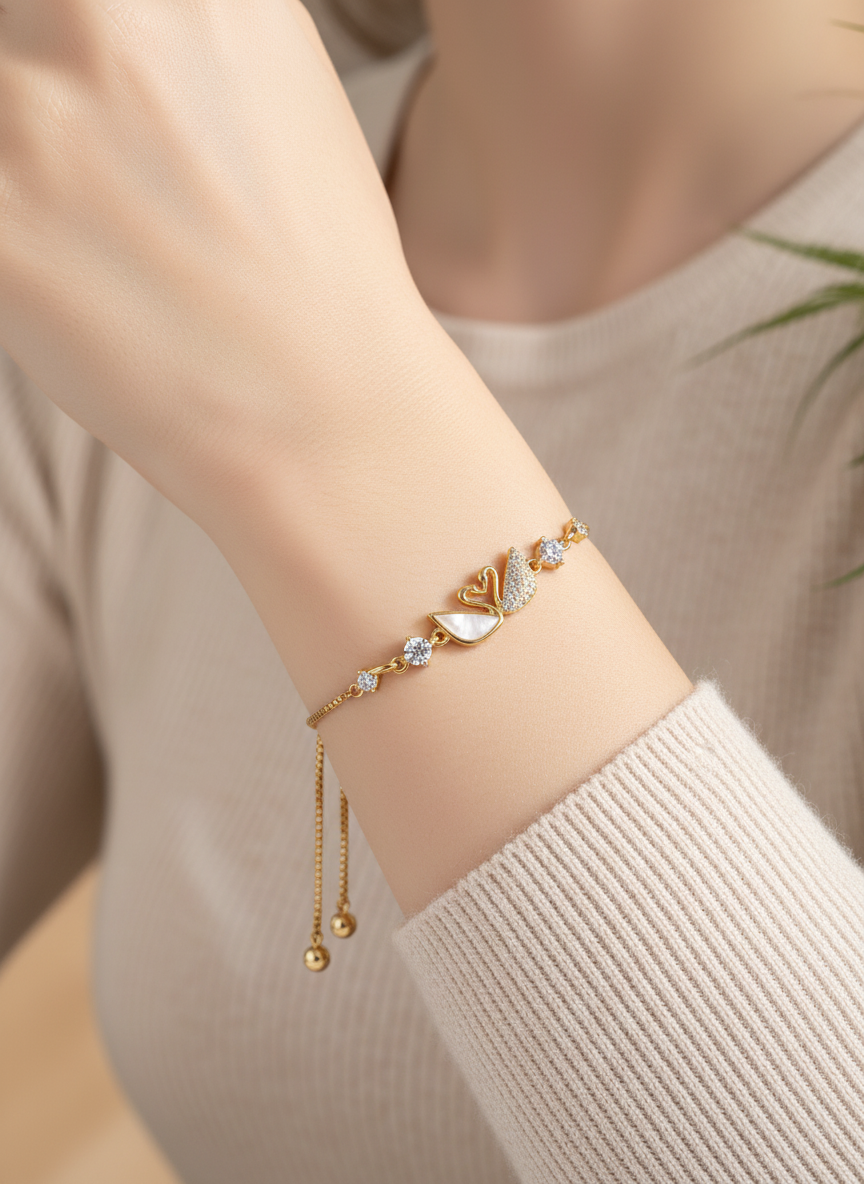Gold Plated Swan Mother-of-Pearl & Zircon Adjustable Bracelet 3