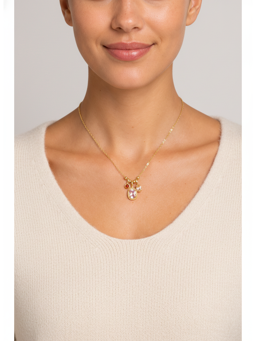 Gold Plated Triple Zircon Charm Necklace 2