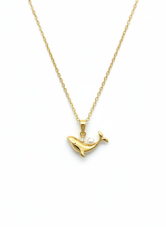 Gold Plated Whale Pendant Necklace with Cubic Zirconia and Pearl 1