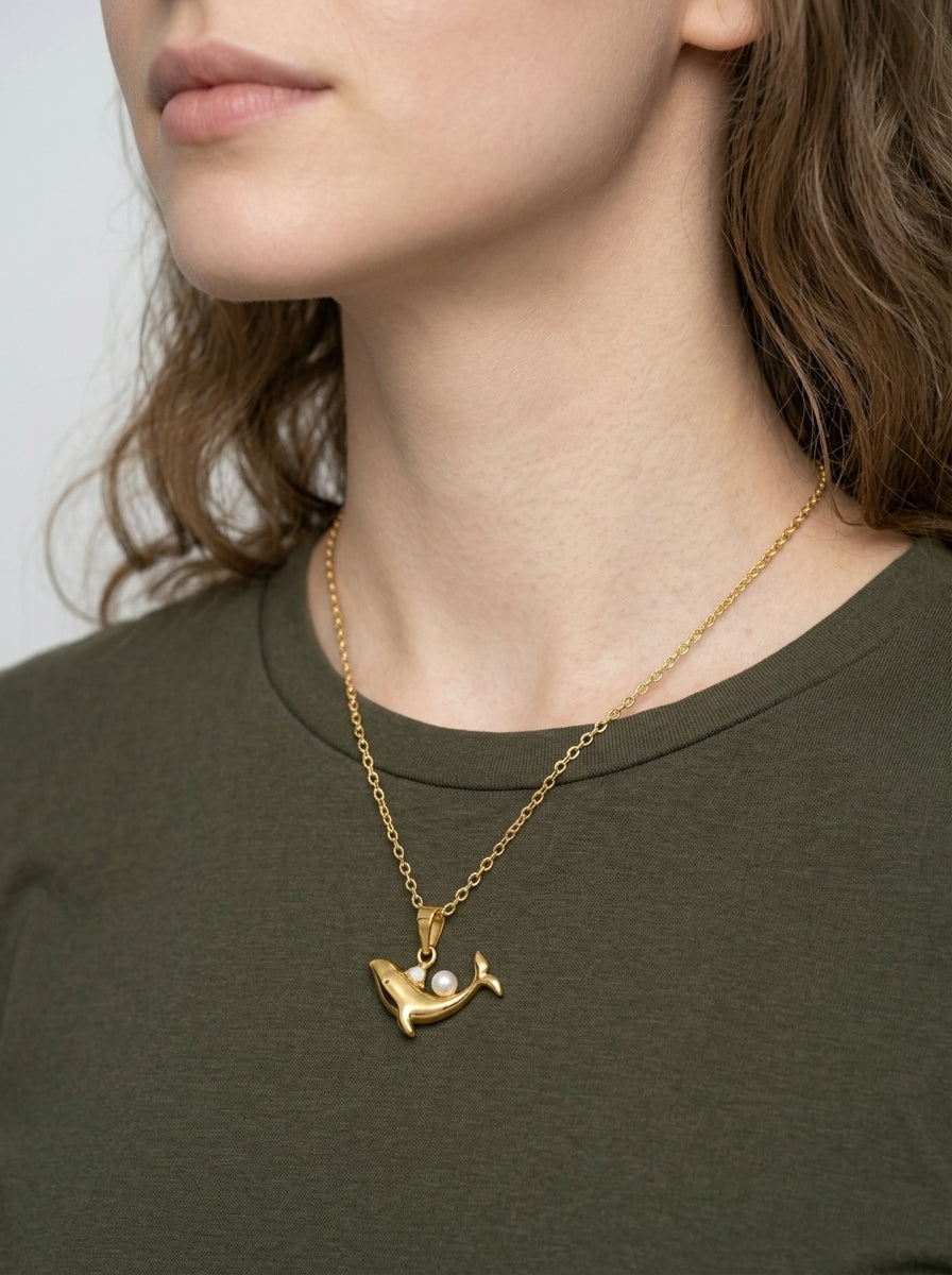 Gold Plated Whale Pendant Necklace with Cubic Zirconia and Pearl 3