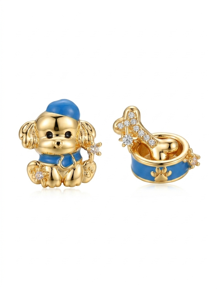 Tone Puppy And Bowl Asymmetrical Gold with Sterling Silver Posts Earring 1