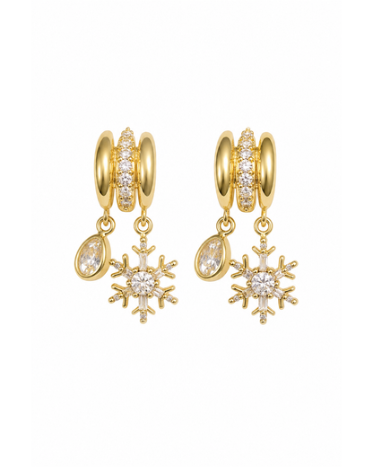 Snowflake & Teardrop Zircon Dangle Hoop Gold with Sterling Silver Posts Earring 1