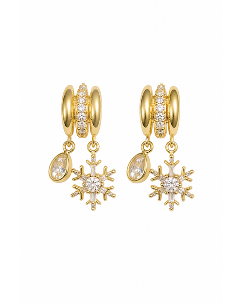 Snowflake & Teardrop Zircon Dangle Hoop Gold with Sterling Silver Posts Earring