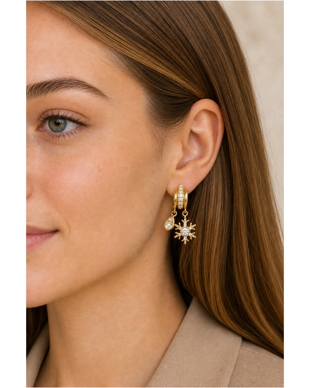 Snowflake & Teardrop Zircon Dangle Hoop Gold with Sterling Silver Posts Earring 3