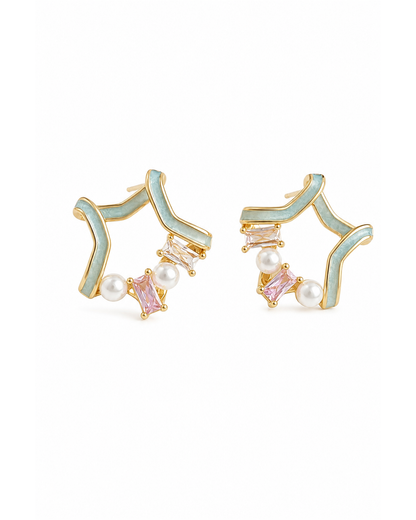 Star Outline With Pearl And Zircon Accents Gold with Sterling Silver Posts Earring 1