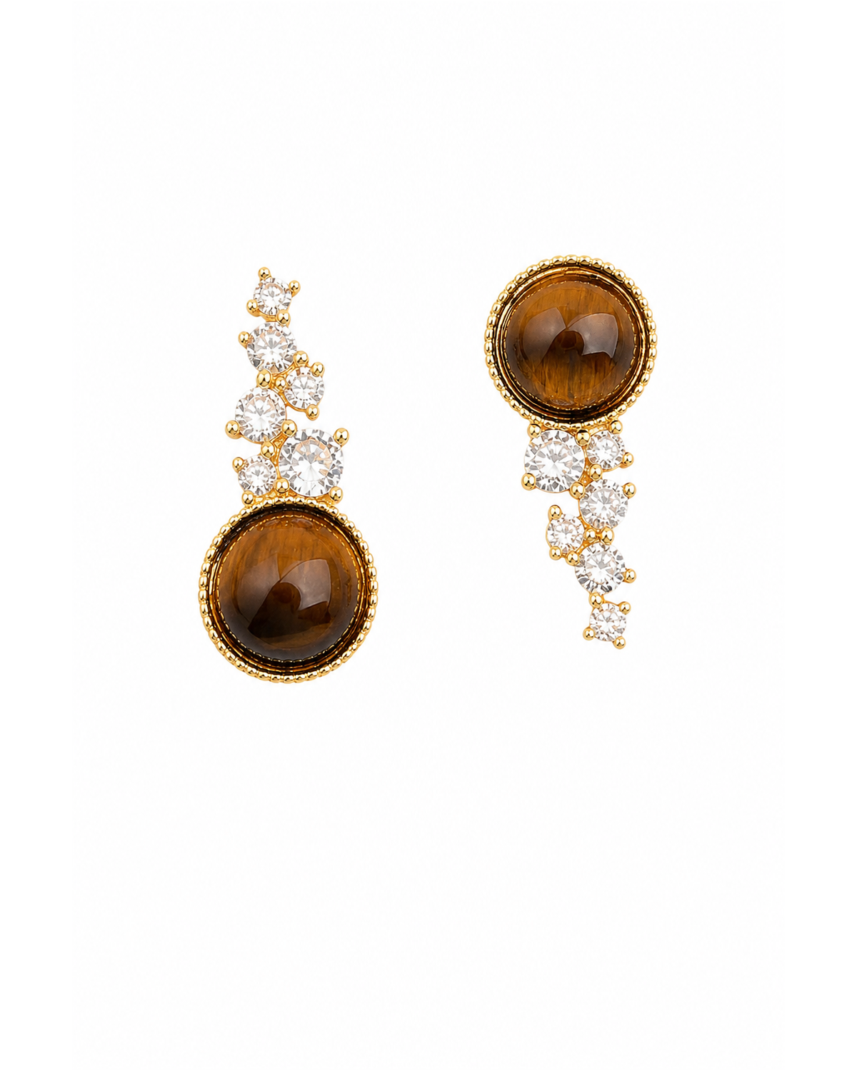 -tone Brown Cabochon With Cubic Zirconia Drop Gold with Sterling Silver Posts Earring 1