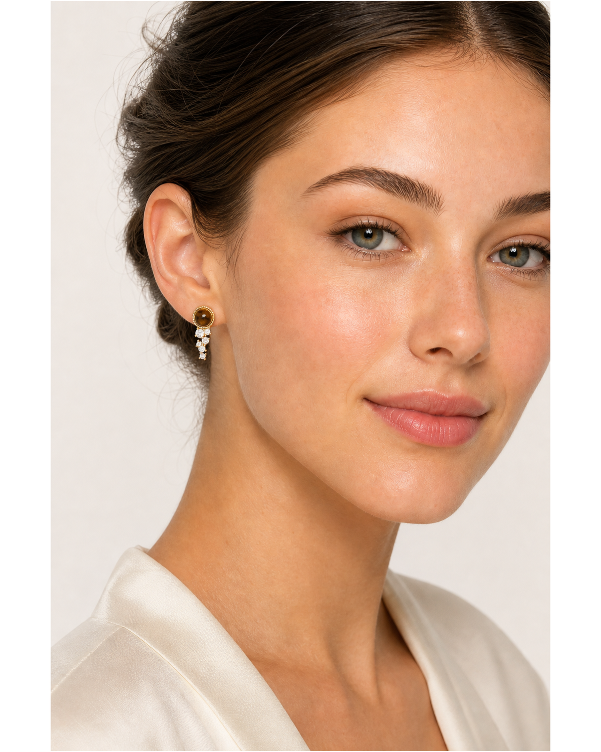 -tone Brown Cabochon With Cubic Zirconia Drop Gold with Sterling Silver Posts Earring 2