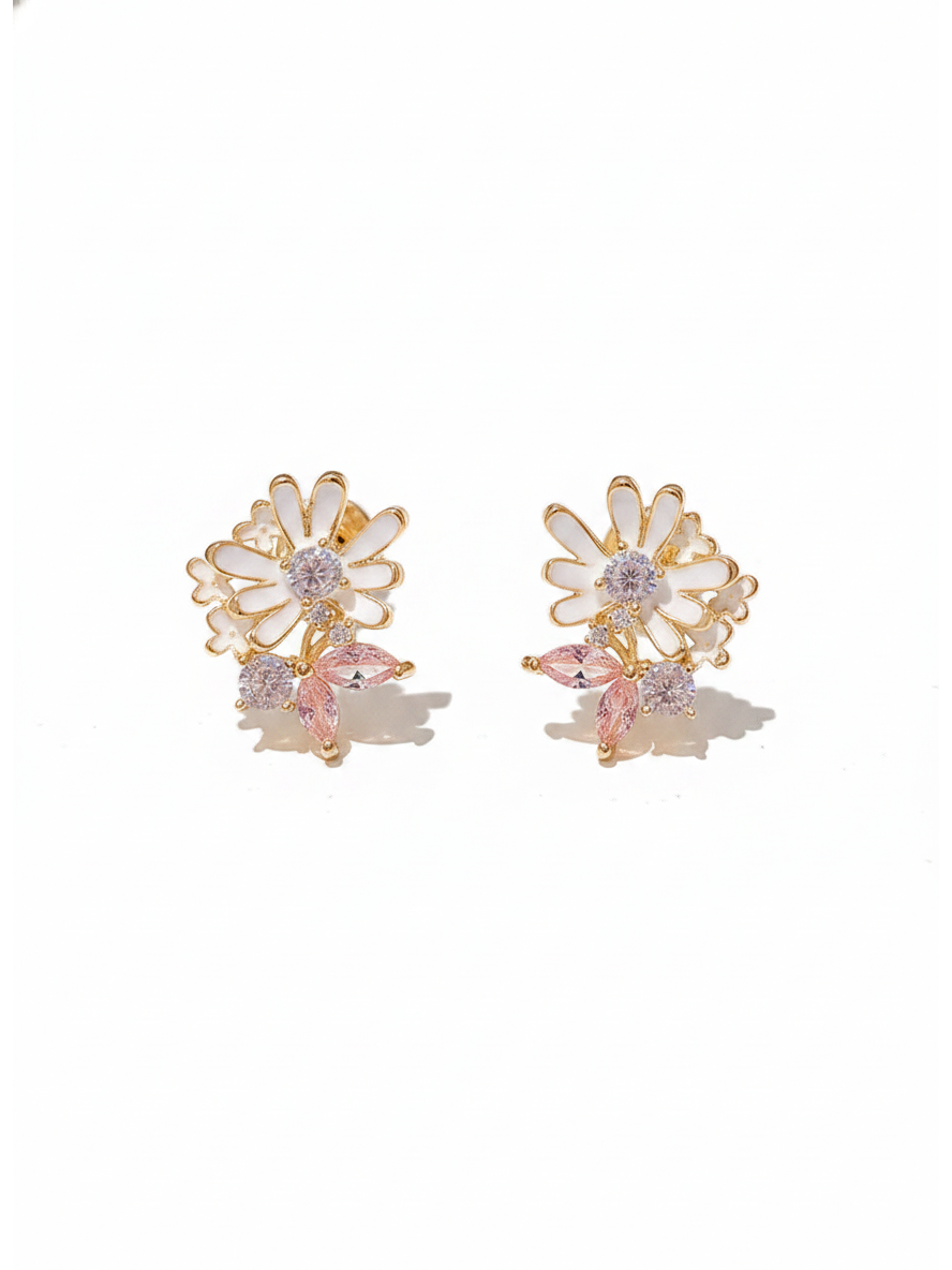 -tone Pink Zircon Daisy Gold with Sterling Silver Posts Earring 1