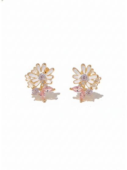 -tone Pink Zircon Daisy Gold with Sterling Silver Posts Earring 1