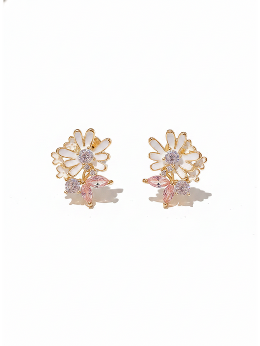 -tone Pink Zircon Daisy Gold with Sterling Silver Posts Earring 1
