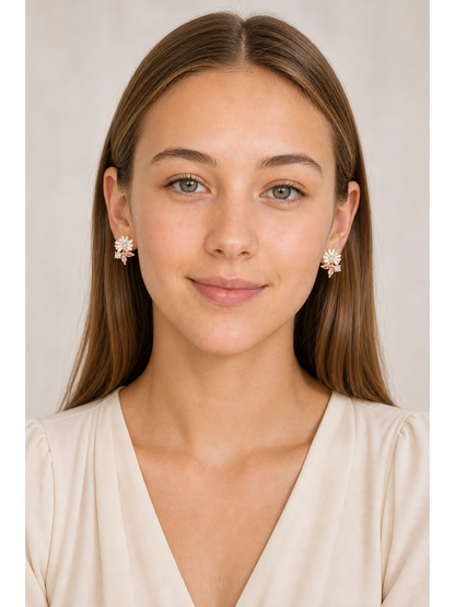 -tone Pink Zircon Daisy Gold with Sterling Silver Posts Earring 2