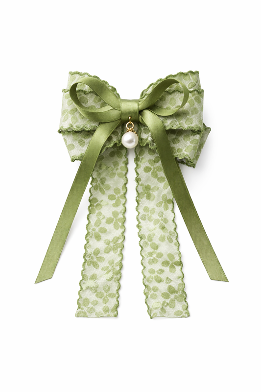 Elegant Green Bow Hair Clip with Pearl Charm - Set of 2 1
