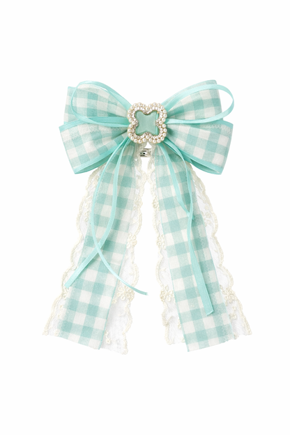 Green Gingham Bow Hair Clips with Pearl Accent, 2 Pack 1