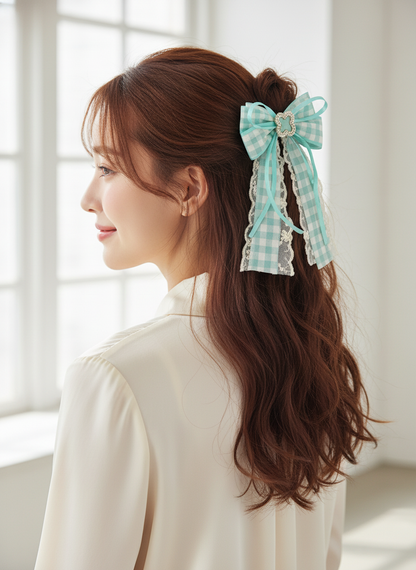 Green Gingham Bow Hair Clips with Pearl Accent, 2 Pack 2