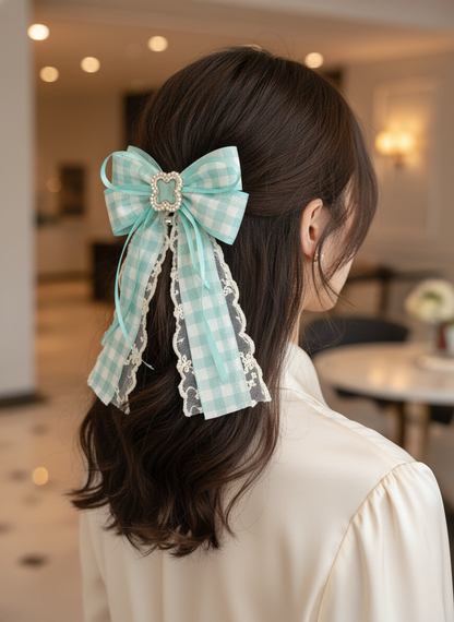 Green Gingham Bow Hair Clips with Pearl Accent, 2 Pack 3