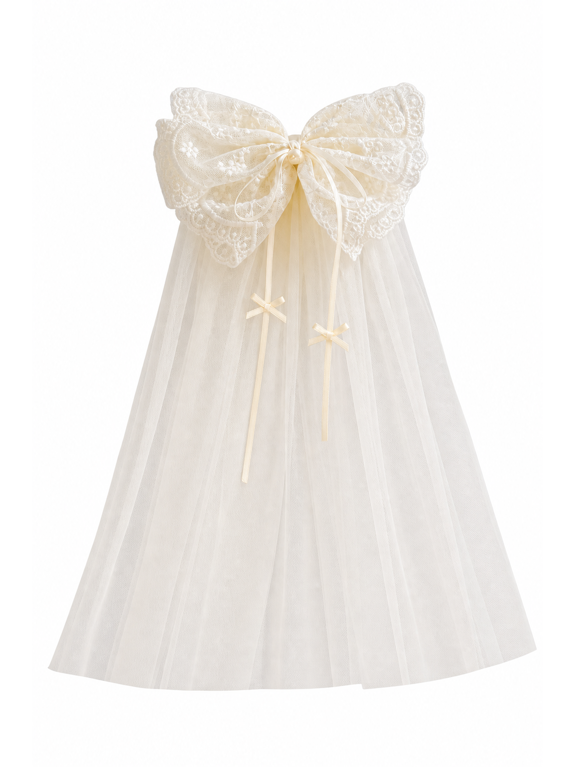 Ivory Lace Bow Clip with Long Tulle Tail 1