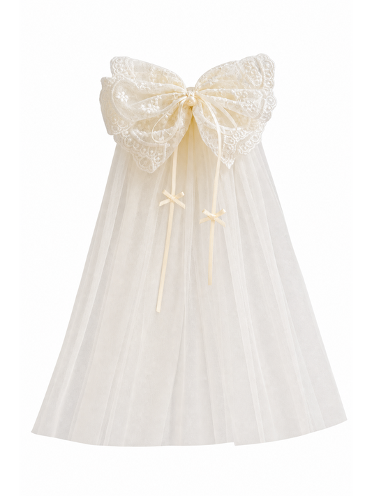 Ivory Lace Bow Clip with Long Tulle Tail 1