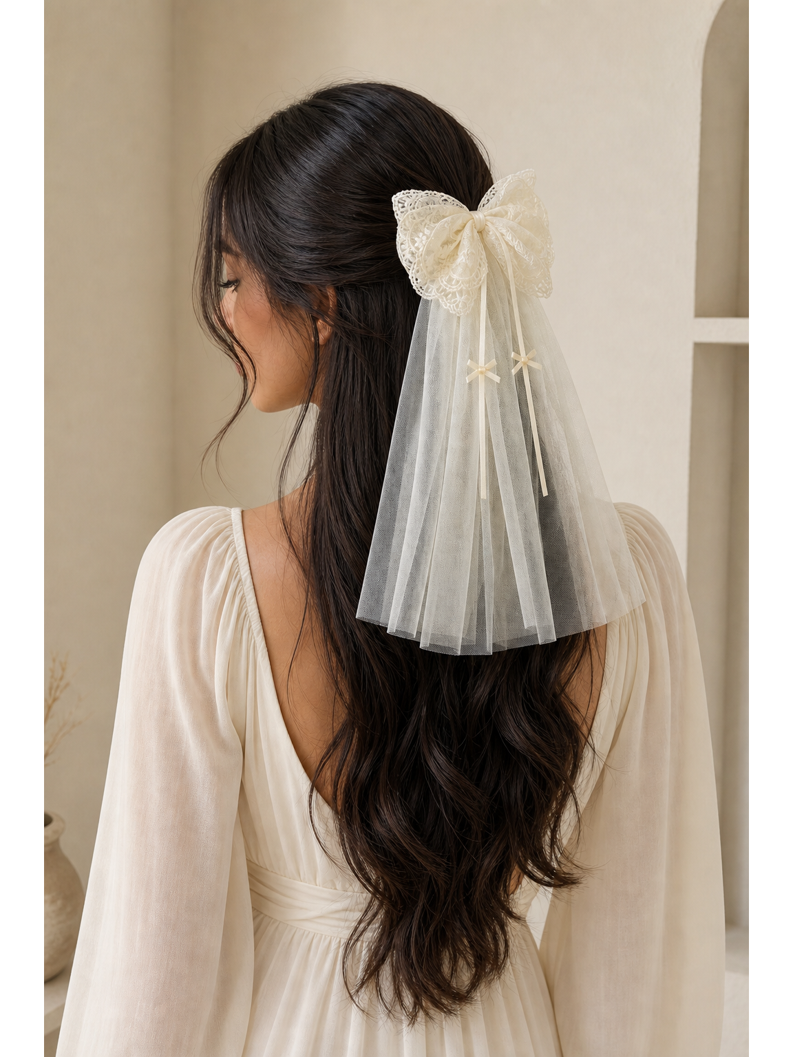 Ivory Lace Bow Clip with Long Tulle Tail 2