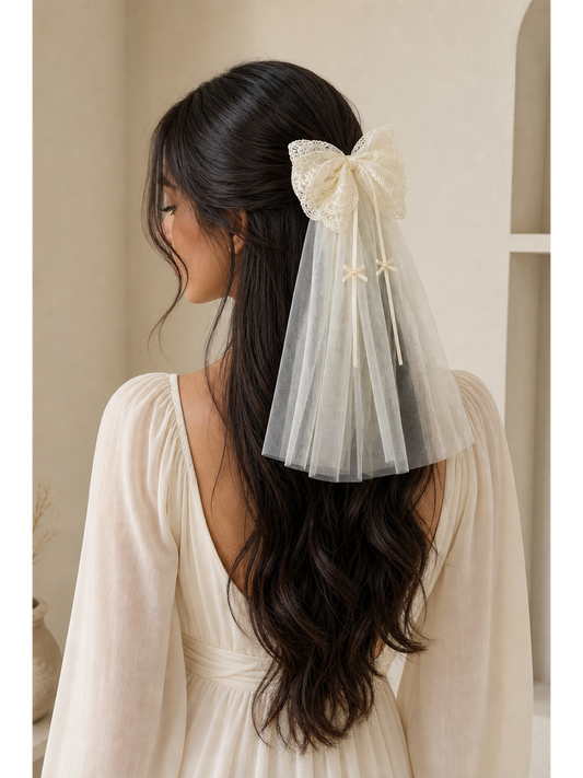 Ivory Lace Bow Clip with Long Tulle Tail 2