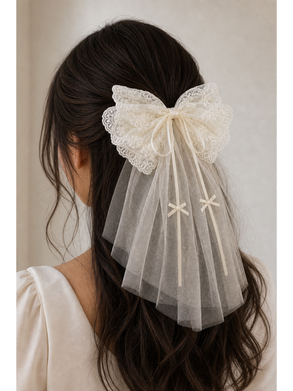 Ivory Lace Bow Clip with Long Tulle Tail 3
