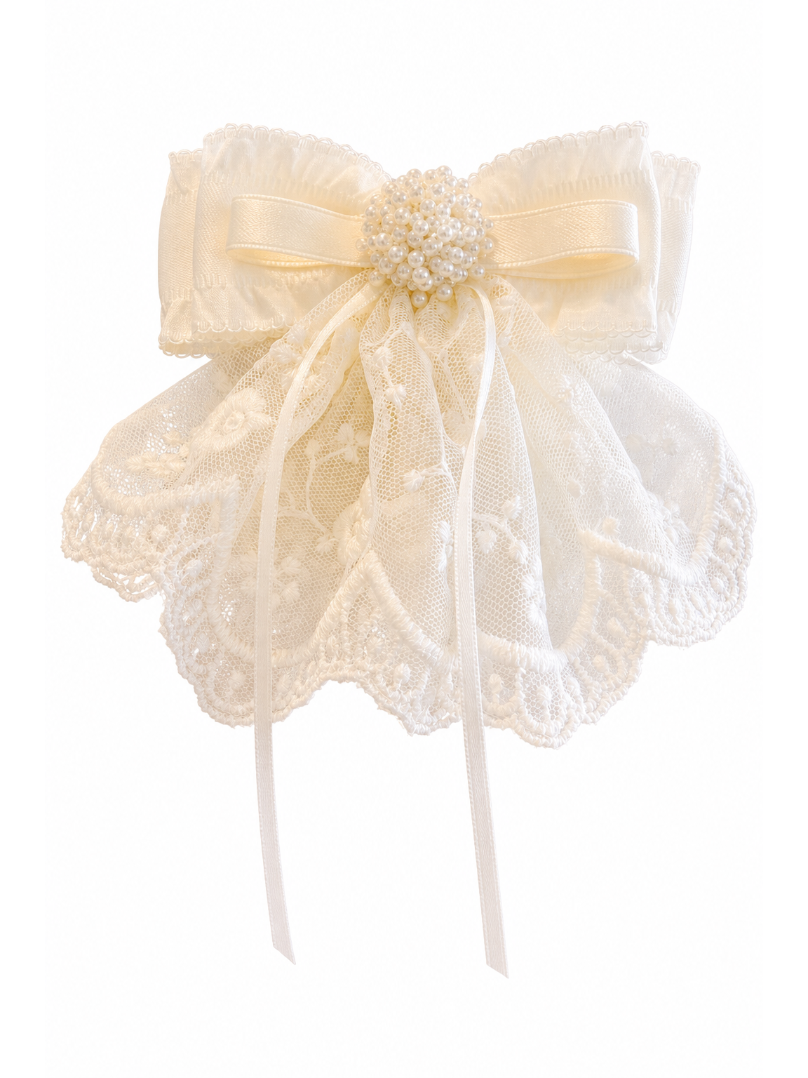 Ivory Lace Bow Hair Clip with Pearl Detail 1