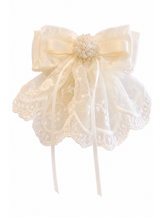 Ivory Lace Bow Hair Clip with Pearl Detail 1