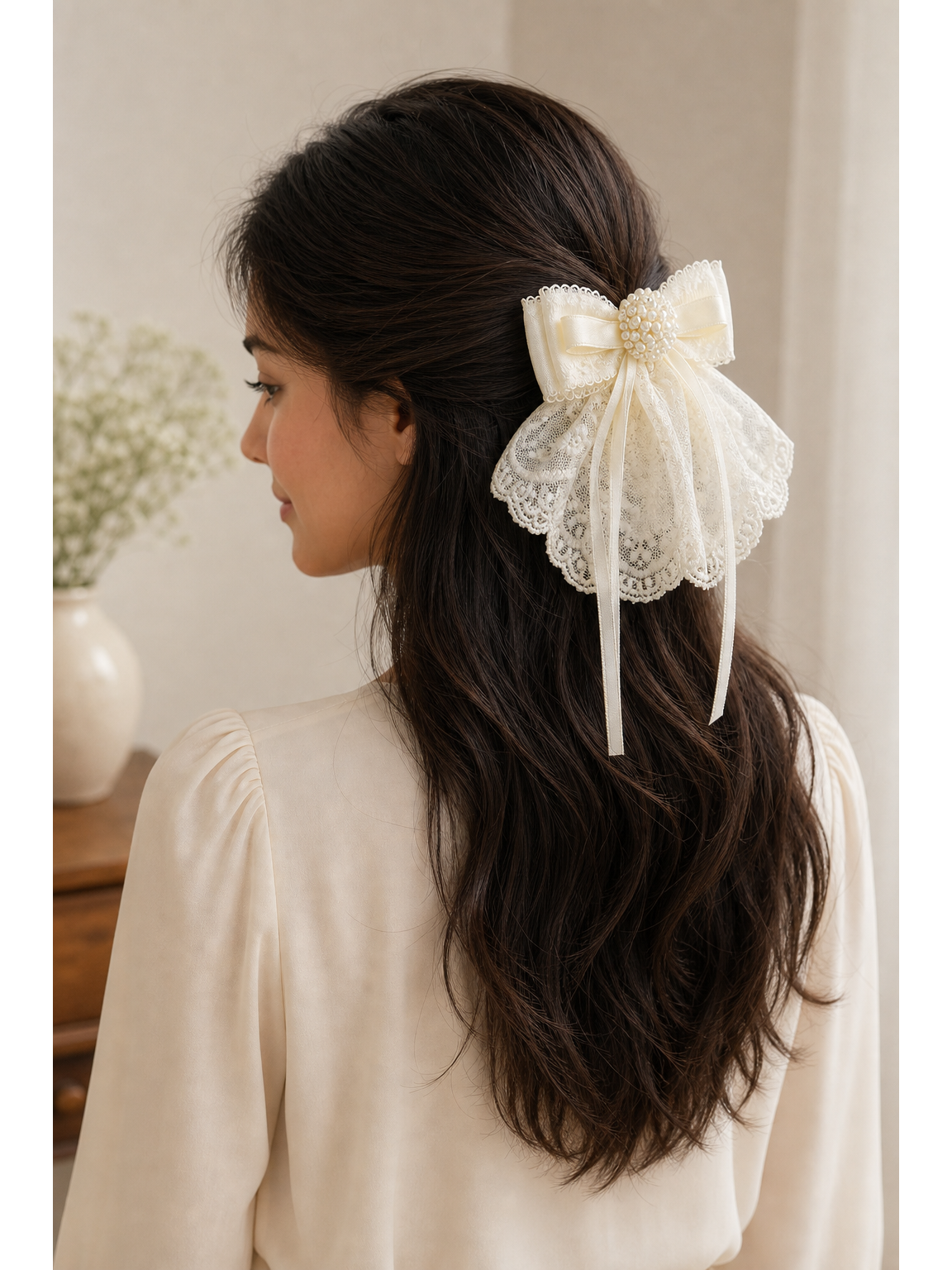 Ivory Lace Bow Hair Clip with Pearl Detail 2