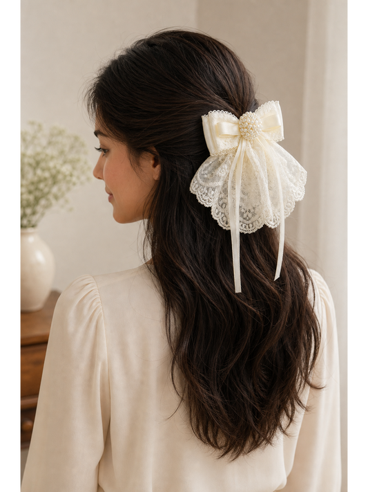 Ivory Lace Bow Hair Clip with Pearl Detail 2