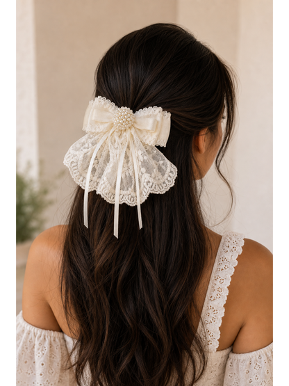 Ivory Lace Bow Hair Clip with Pearl Detail 3