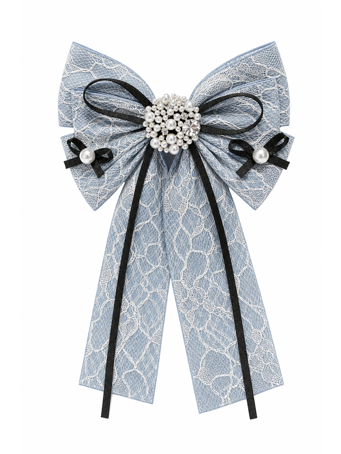 Light Blue Lace Bow Hair Clip with Pearl Detail 1
