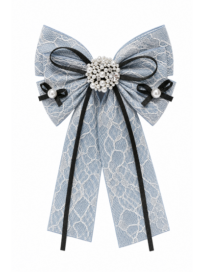 Light Blue Lace Bow Hair Clip with Pearl Detail 1