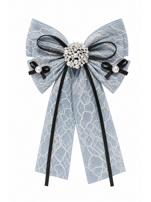Light Blue Lace Bow Hair Clip with Pearl Detail