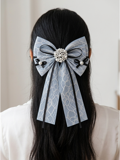 Light Blue Lace Bow Hair Clip with Pearl Detail 2