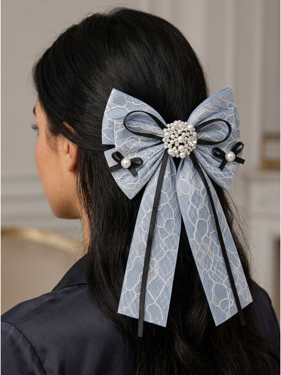 Light Blue Lace Bow Hair Clip with Pearl Detail 3