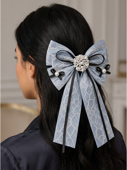 Light Blue Lace Bow Hair Clip with Pearl Detail 3