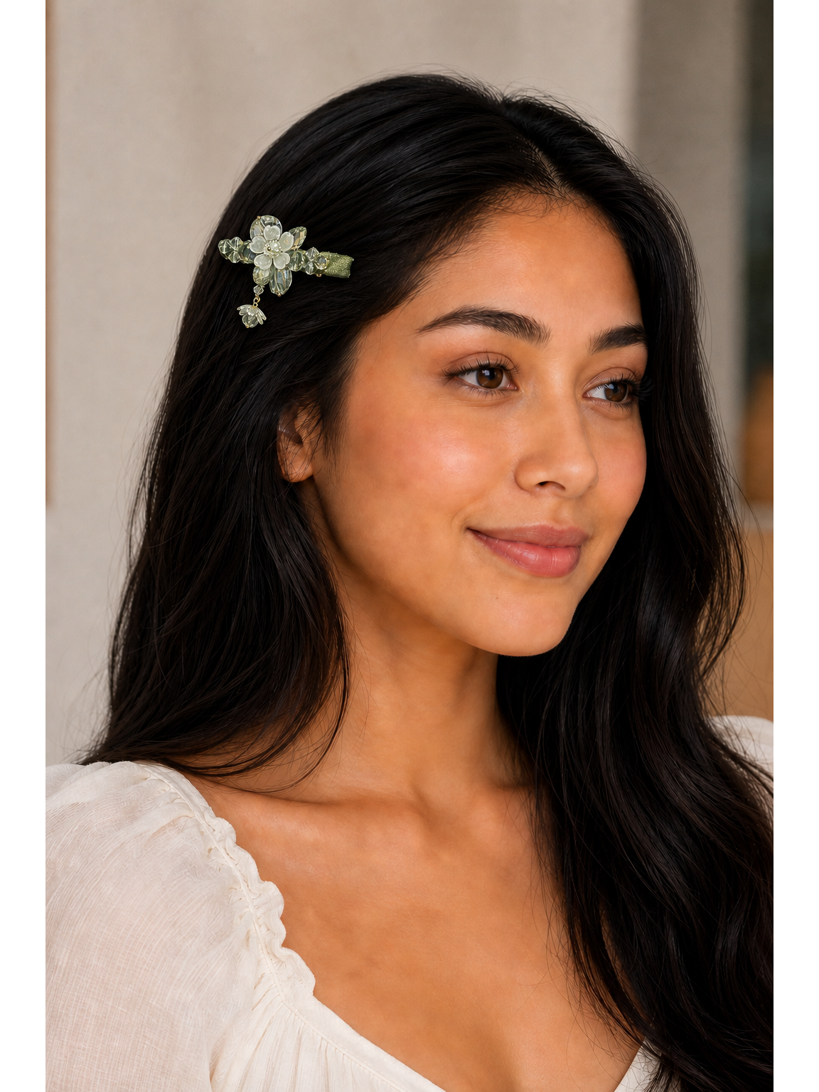 Light Green Floral Beaded Hair Clip 2