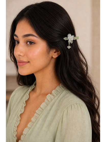 Light Green Floral Beaded Hair Clip 3