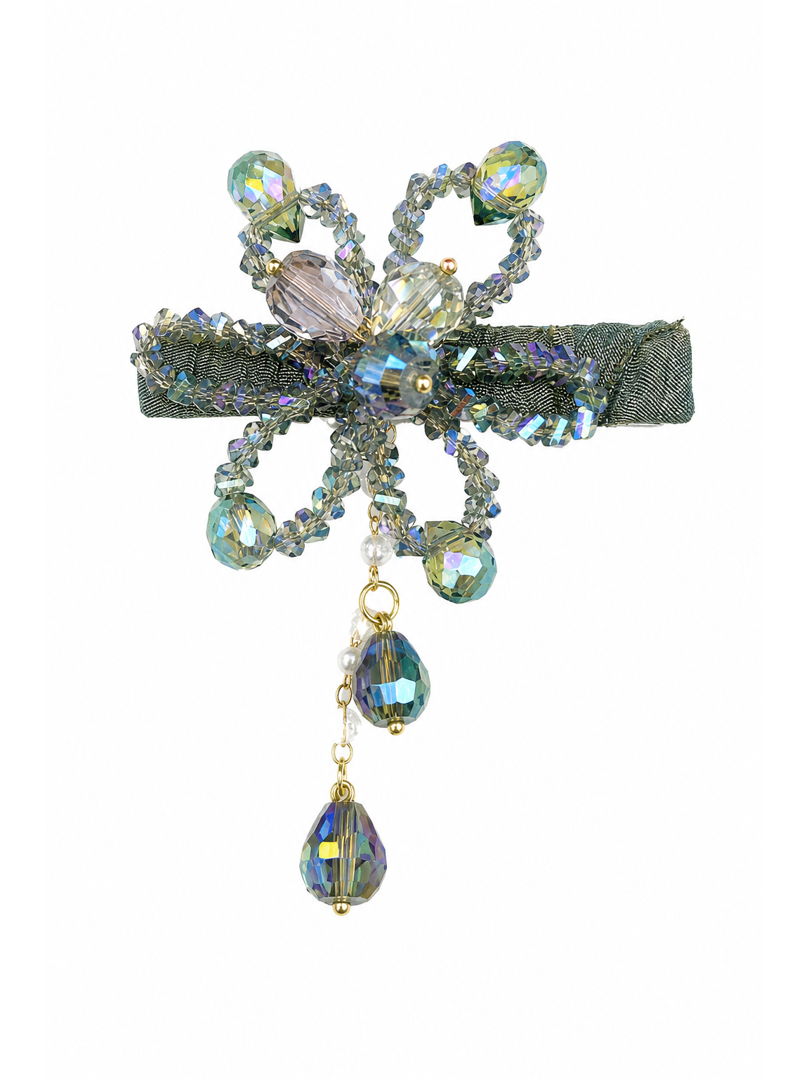 Olive Green Beaded Bow Hair Clip 1