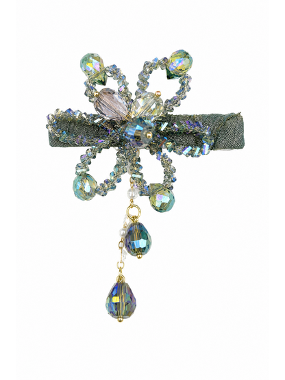 Olive Green Beaded Bow Hair Clip 1
