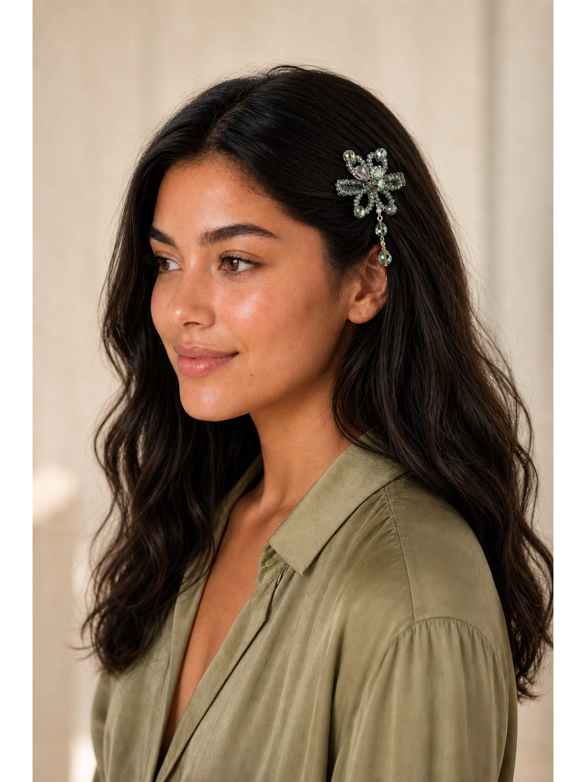 Olive Green Beaded Bow Hair Clip 2