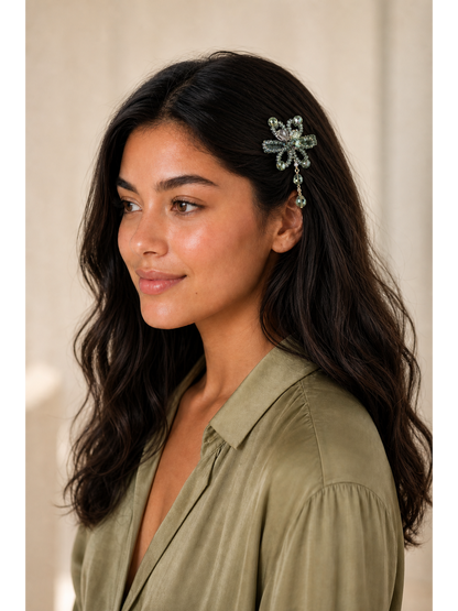 Olive Green Beaded Bow Hair Clip 2