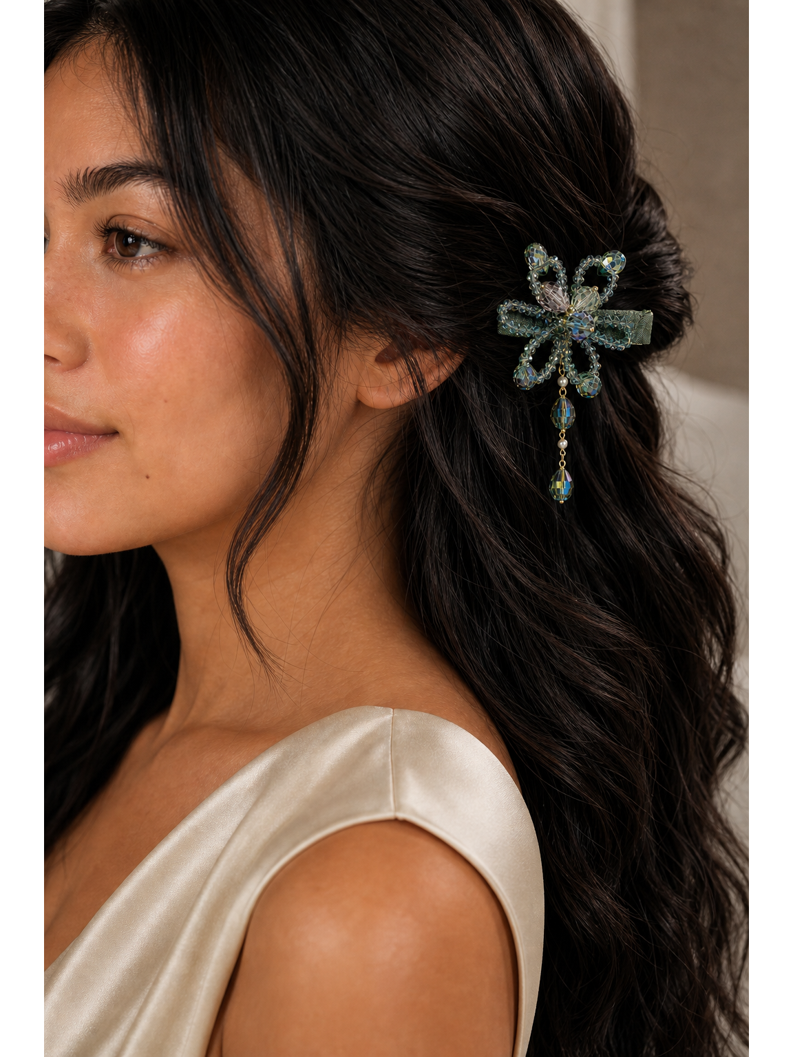 Olive Green Beaded Bow Hair Clip 3