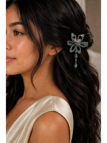 Olive Green Beaded Bow Hair Clip 3