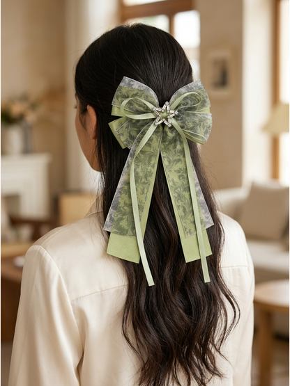 Olive Green Layered Ribbon Bow Hair Clip 2