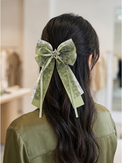 Olive Green Layered Ribbon Bow Hair Clip 3